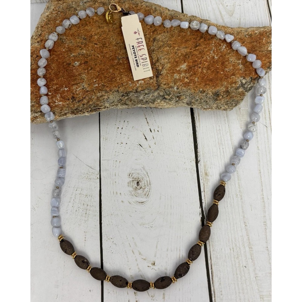 Peyote Bird Free Spirit Blue Lace Agate Druzy Beaded Necklace Sterling‎ J207